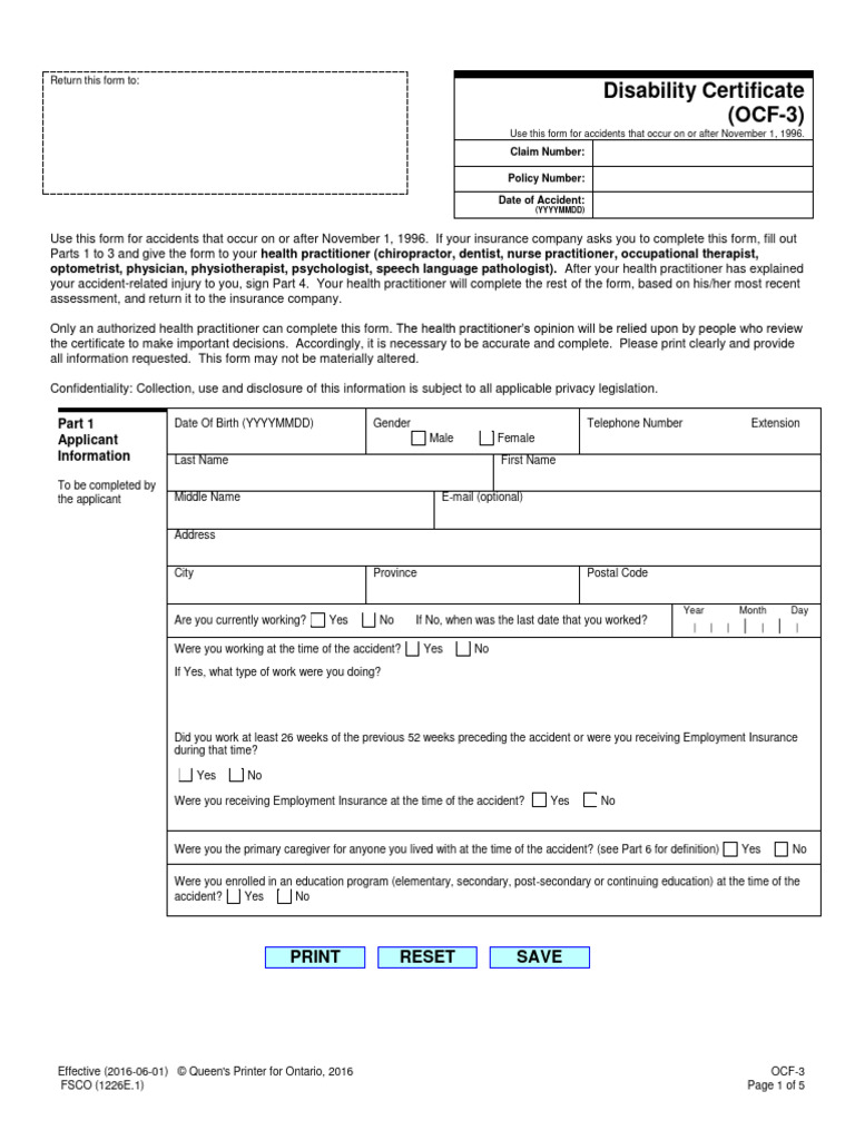 Ontario OCF-3 Disability Certificate Form | PDF | Health Professional ...
