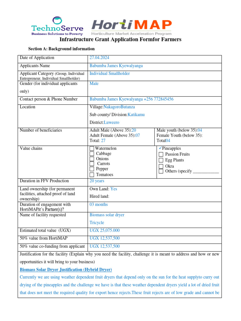 Infrastructure Grant Application Form - Farmers (James KB) | PDF ...