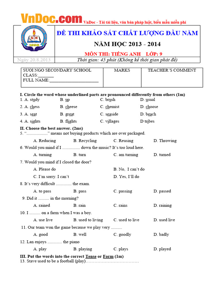 English Exam for Grade 9, 2013-2014 | PDF | Vietnam