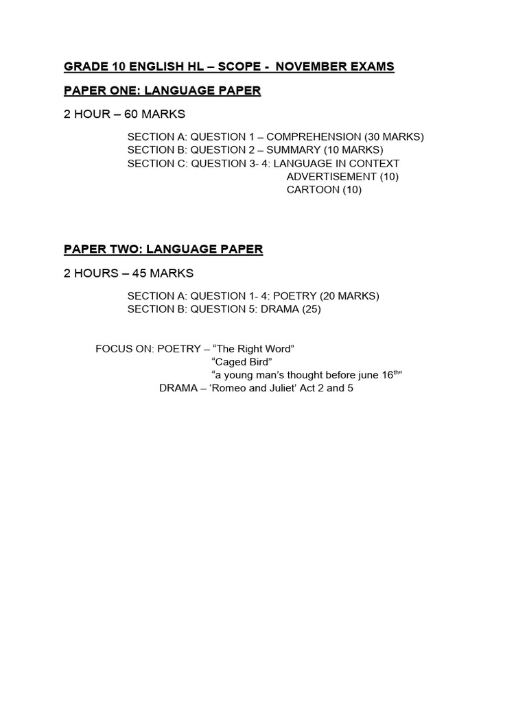 Grade 10 English HL November Exam Scope | PDF | Art