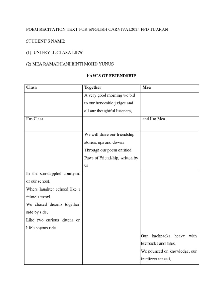 Poem Recitation Text For English Carnival2024 PPD Tuaran | PDF ...