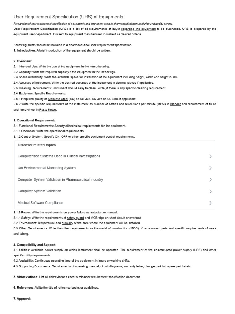 URS for Pharmaceutical Equipment | PDF | Specification (Technical Standard)