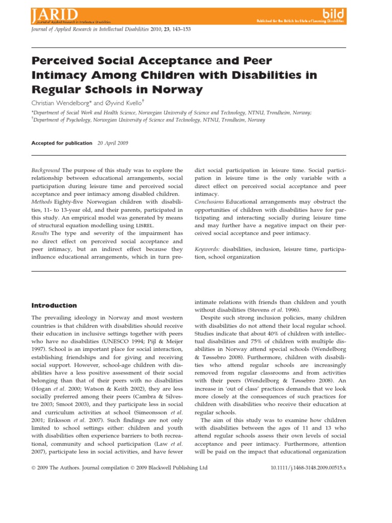 Perceived Social Acceptance and Peer Intimacy Among Children With ...