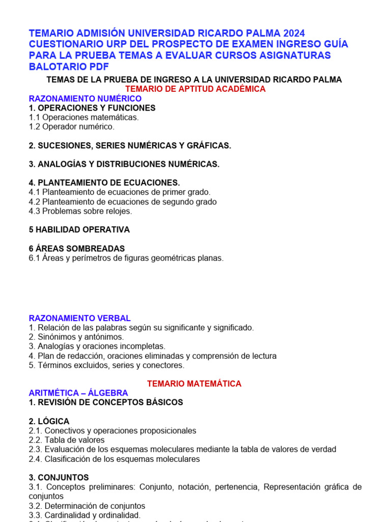 Temario Examen Admisión URP 2024 | PDF | Biología Celular) | Lengua ...