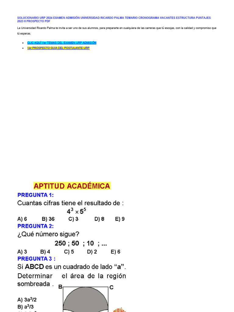 Solucionario Examen Admisión URP 2024 | PDF | Conocimiento | Geometría