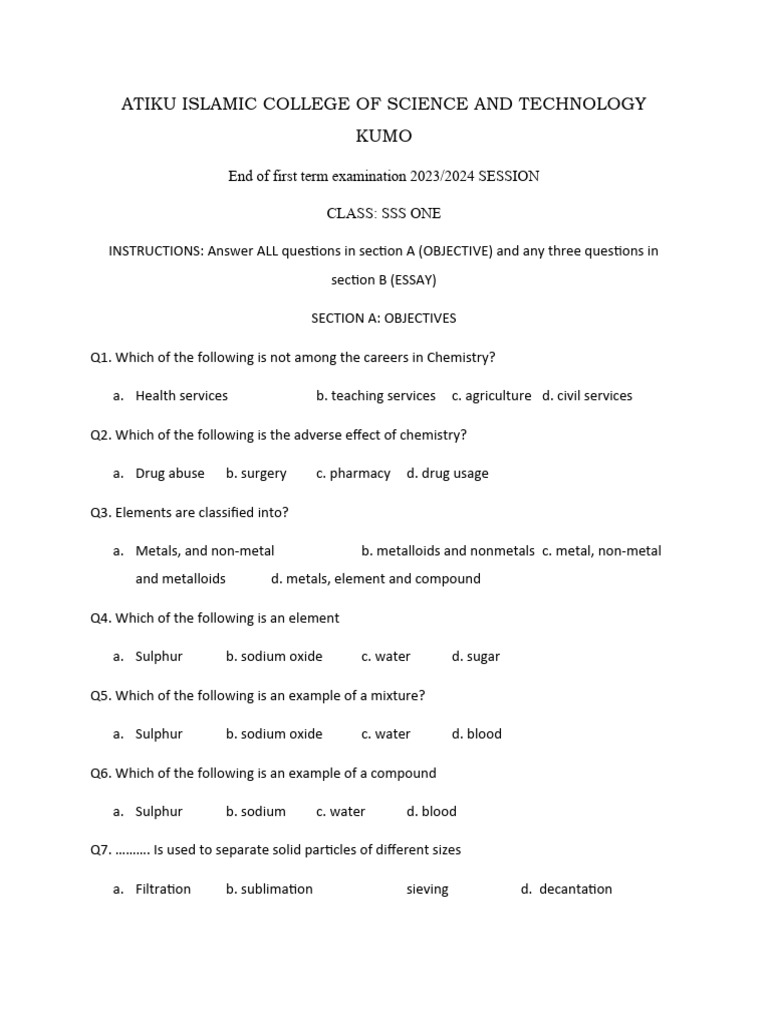 FIRST TERM SSS ONE CHEMISTRY PDF Mixture Chemical Substances