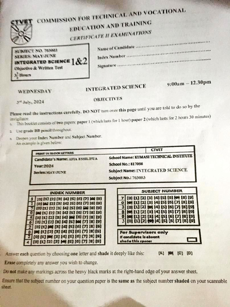 Int. Science (Theory & Practicals) - Ctvet-Nabptex 2024 | PDF