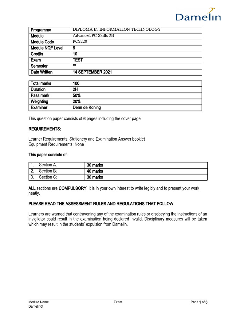 Advanced PC Skills 2B FT - Test 2021 | PDF | Computing | Software