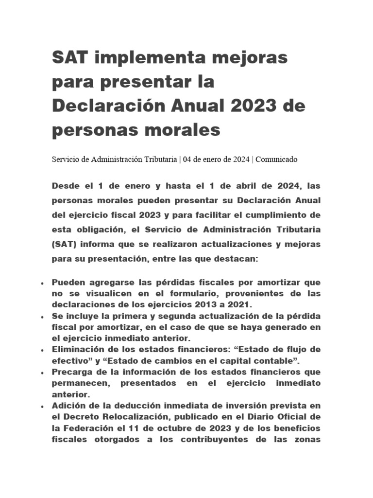 SAT Implementa Mejoras para Presentar La Declaración Anual 2023 de ...