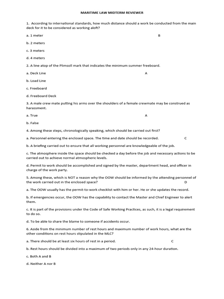Maritime Law Midterm Study Guide | PDF | Ships | Sailor