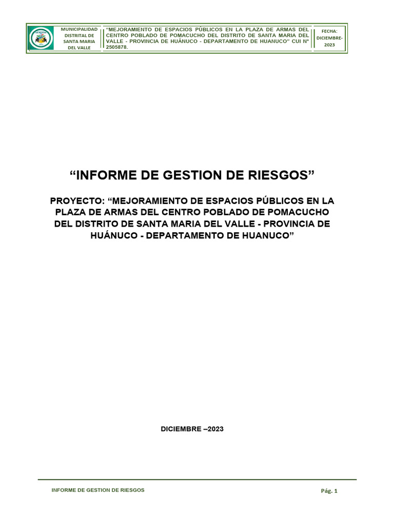 Informe De Gestion De Riesgos Pomacucho Plaza Pdf Presupuesto