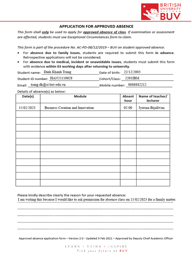(In Use) APPROVED ABSENCE APPLICATION FORM - Version 2.0 | PDF ...