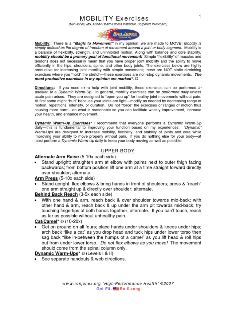 MOBILITY Exercise List PDF Flexibility (Anatomy) Anatomical Terms