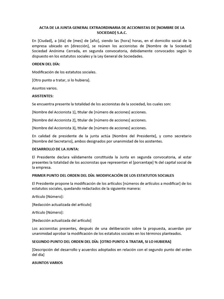 Acta de La Junta General Extraordinaria de Accionistas de [Nombre de La ...