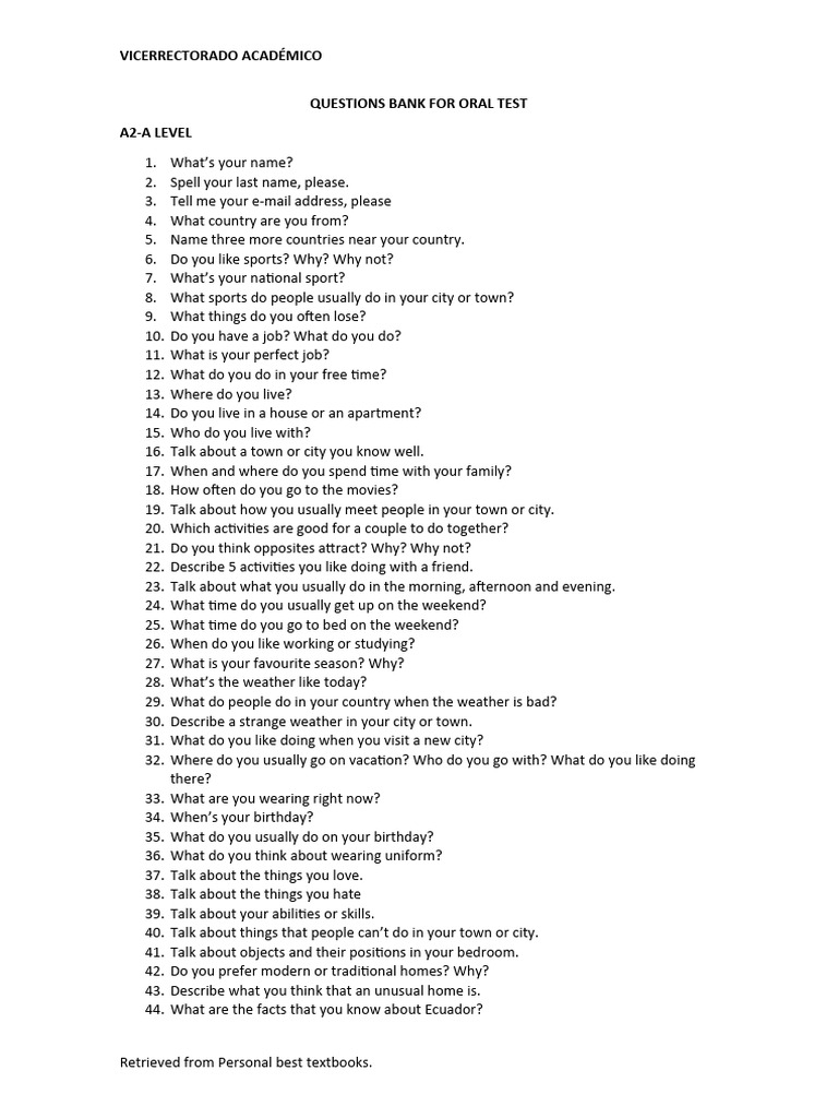 A2-B1 Oral Test Questions Bank | PDF | Lunch | Experience