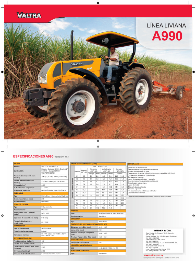 Ficha Técnica Tractor Valtra A990 | PDF | Motores | Motor de combustión ...