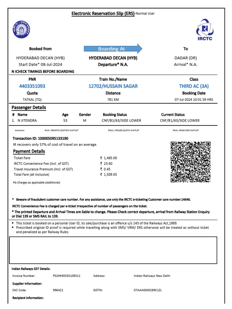12702/hussain Sagar Third Ac (3A) | PDF | Identity Document