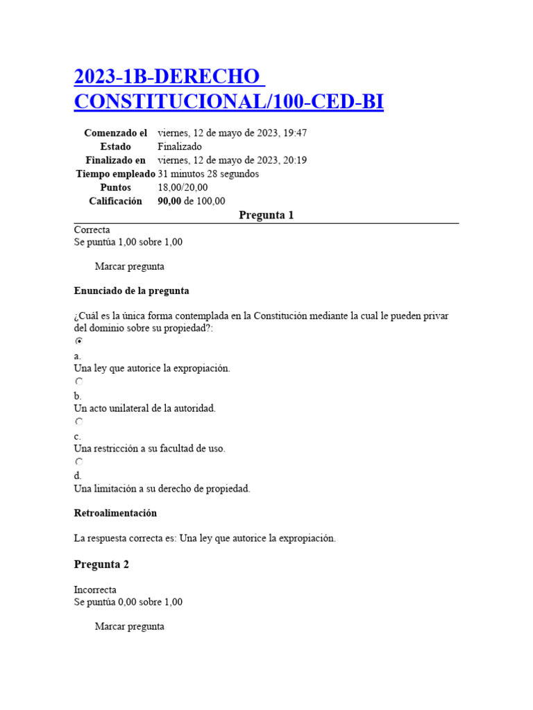 Examen de Derecho Constitucional 2023 | PDF | Constitución | Jurisdicción