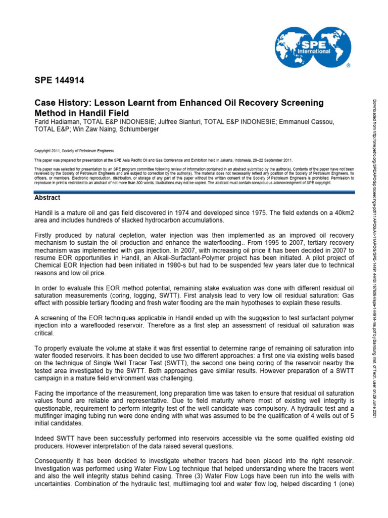 EOR Screening in Handil Field | PDF | Enhanced Oil Recovery | Petroleum ...