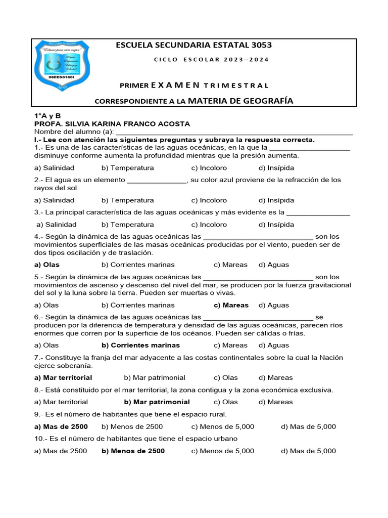 Examen Geografía Tercer Trimestre | PDF | Área rural | Zona económica ...