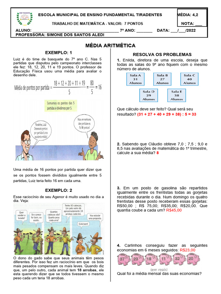 Exercícios de Média Aritmética para 7º Ano | PDF