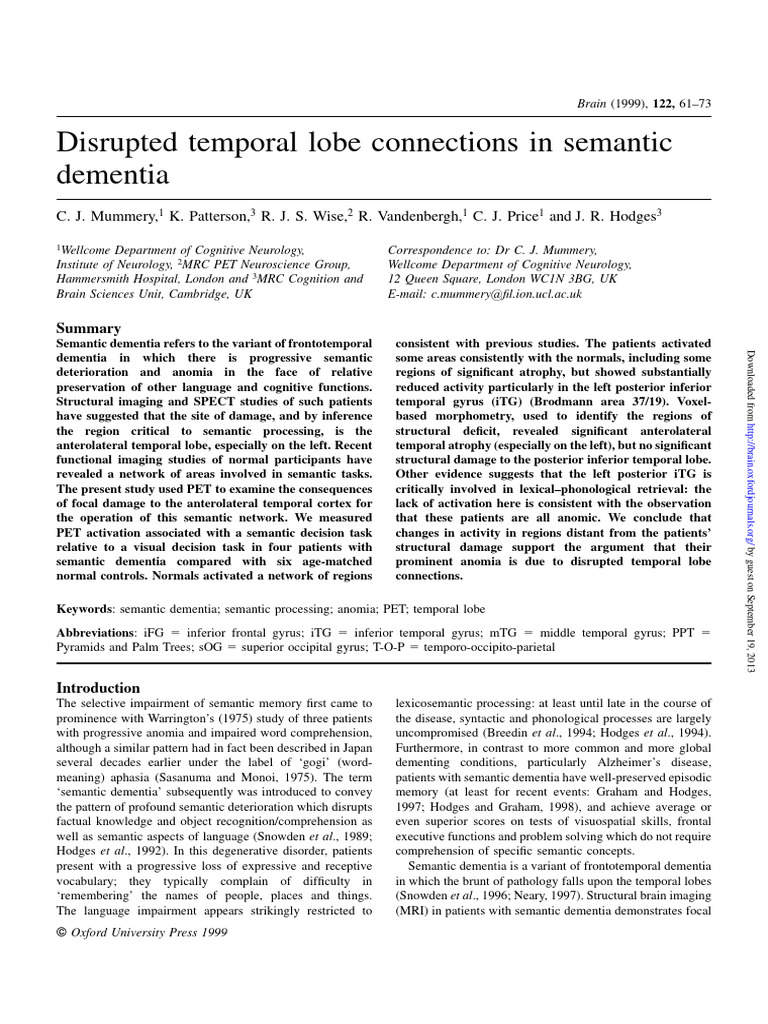 Disrupted Temporal Lobe Connections in Semantic Dementia. | PDF ...