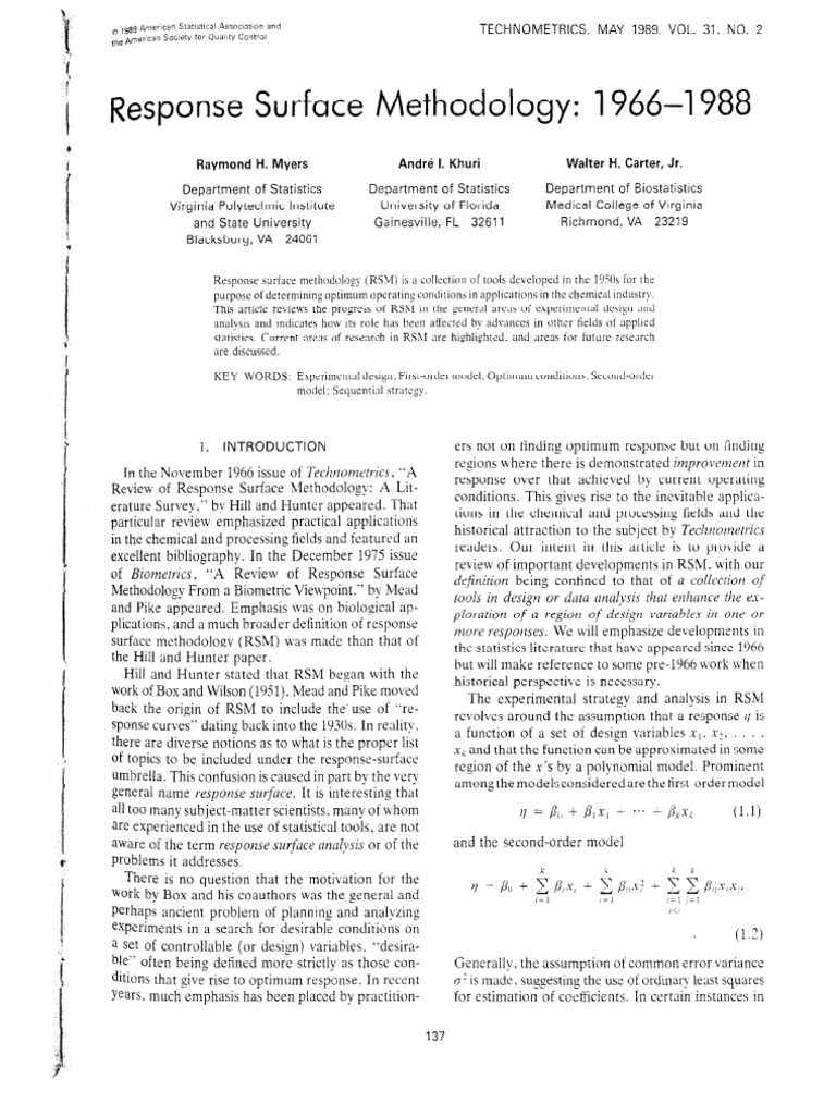 Response Surface Methodology: 1966-l 988 | PDF | Variance | Robust ...