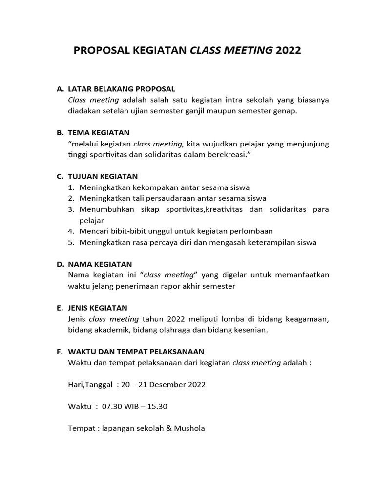 Proposal Class Meeting 2022 Sekolah | PDF