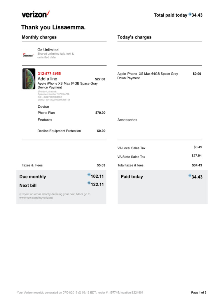 Verizon Wireless Receipt Summary | PDF | Receipt | Payments