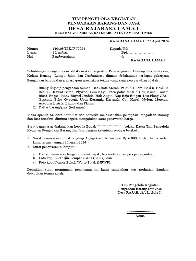 Pengadaan Barang dan Jasa Desa Rajabasa | PDF