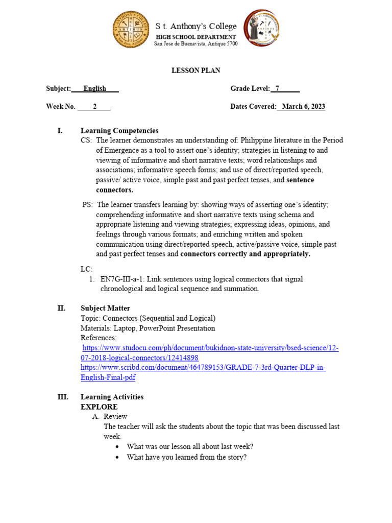 Connectors Lesson Plan for Grade 7 | PDF | Lesson Plan | Learning