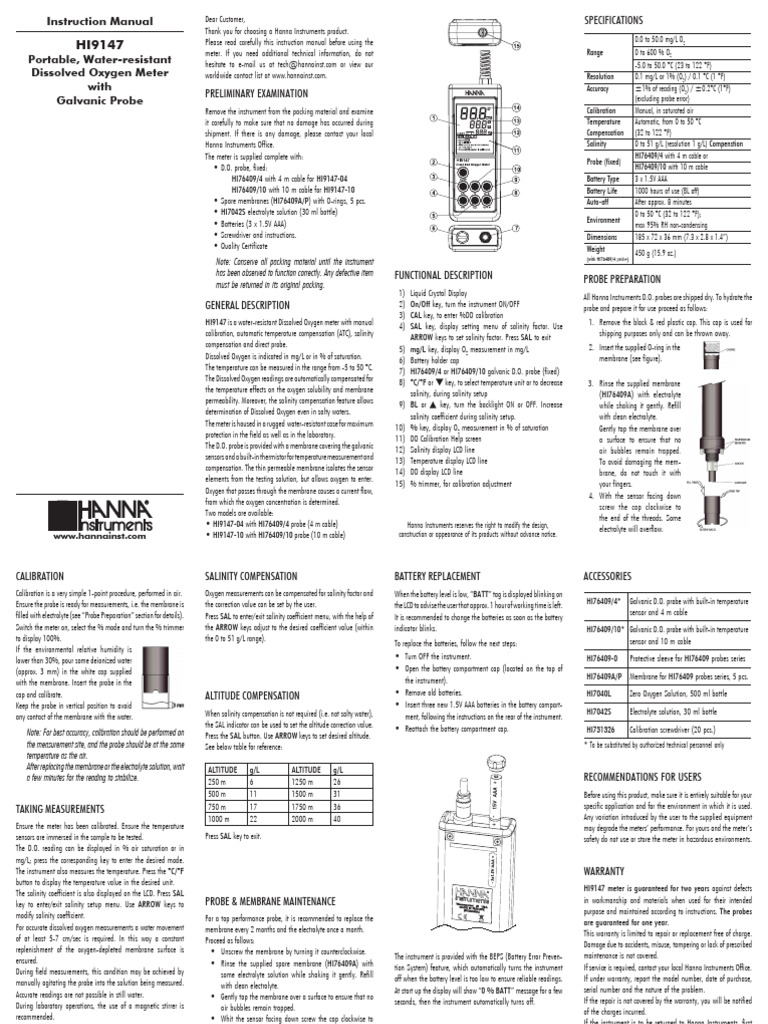 HI9147 Dissolved Oxygen Meter Manual | PDF | Calibration | Salinity