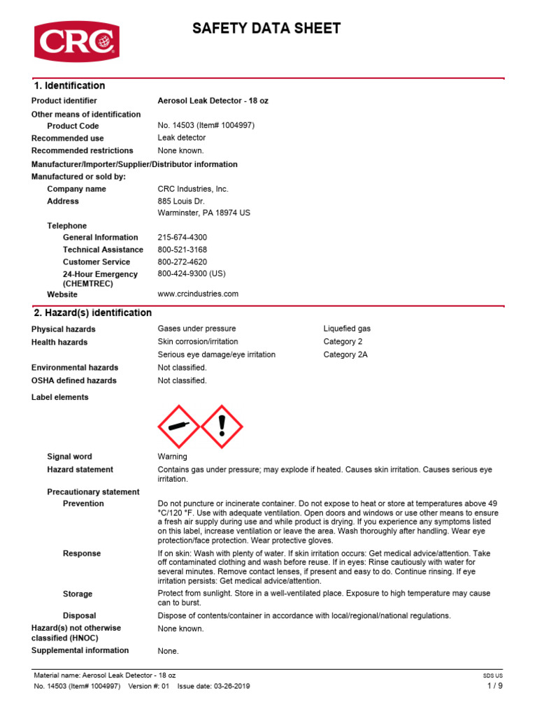 CRC Aerosol Leak Detector SDS | PDF | Hazards | Water