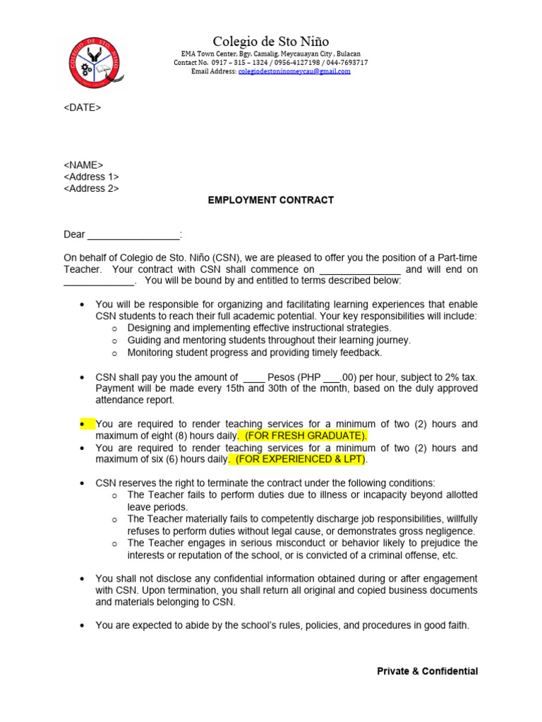 Part-Time Teacher Employment Contract | PDF | Teachers | Confidentiality
