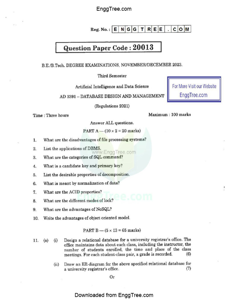 AD3391 Database Design and Management Nov Dec 2023 Question Paper ...