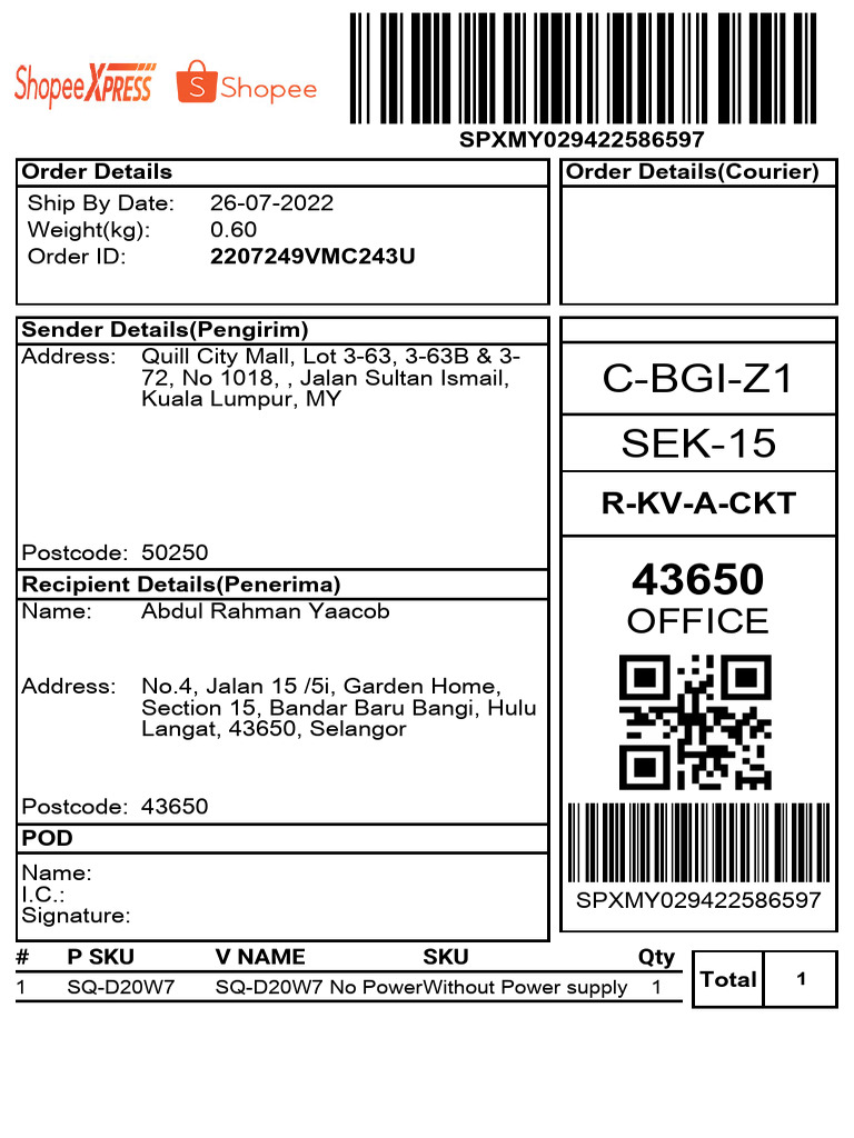 Shopee Xpress Order Details Malaysia | PDF