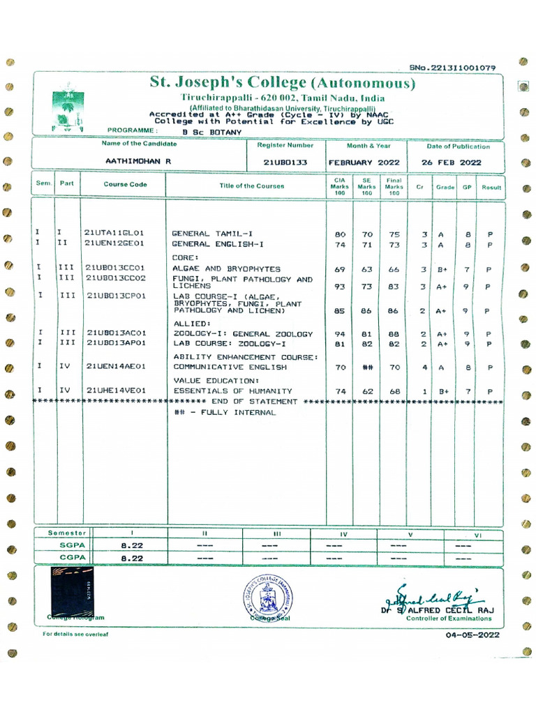1st Sem Marksheet | PDF
