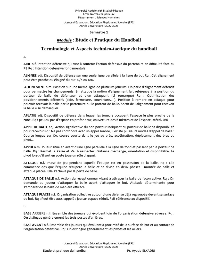 Cours Handball Aspect Technico Tactique | PDF | Défenseur (football ...