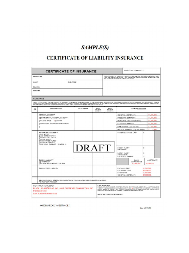 PLaza Certifiacte of Liability and Certificate Insurance Plaza Las