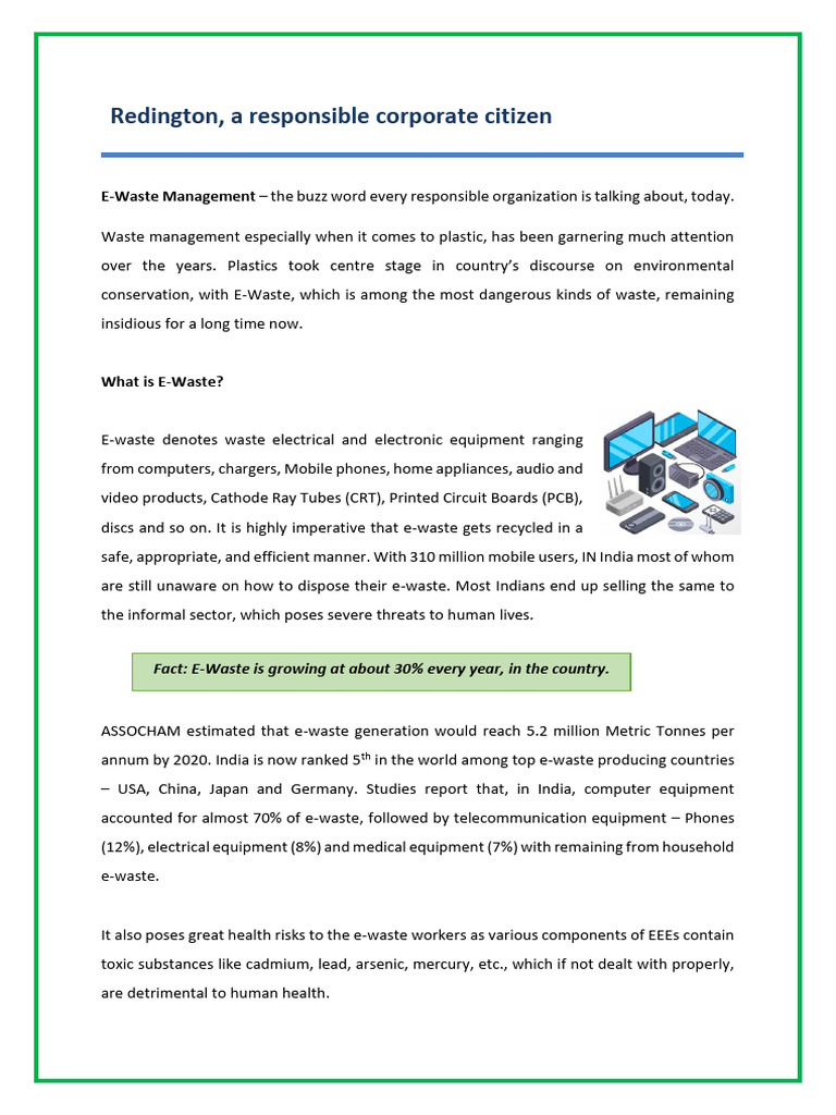 Redington E Waste Awareness Program Pdf Electronic Waste Economies