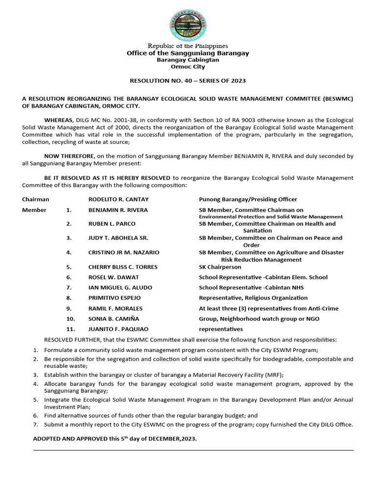 RESOLUTION 40 2023 BESWMC Reorganizing | PDF | Pollution | Economy And ...