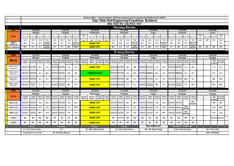 Time Table FDN, Med., Engg - 08 July To 14 July 2024 | PDF