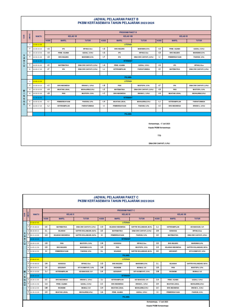 Jadwal Pelajaran Paket B dan C 2023 | PDF
