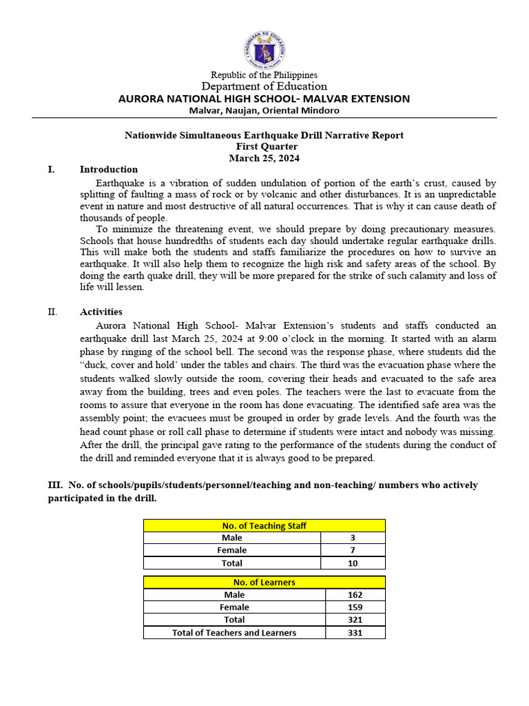 1st Quarter NSED Narrative Report PDF Earthquakes Disasters