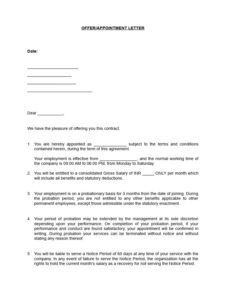 Probationary Employment Offer Letter | PDF | Employment | Justice
