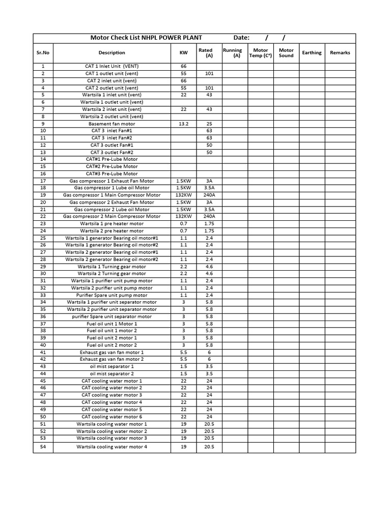 Motor check list pdf engines gases