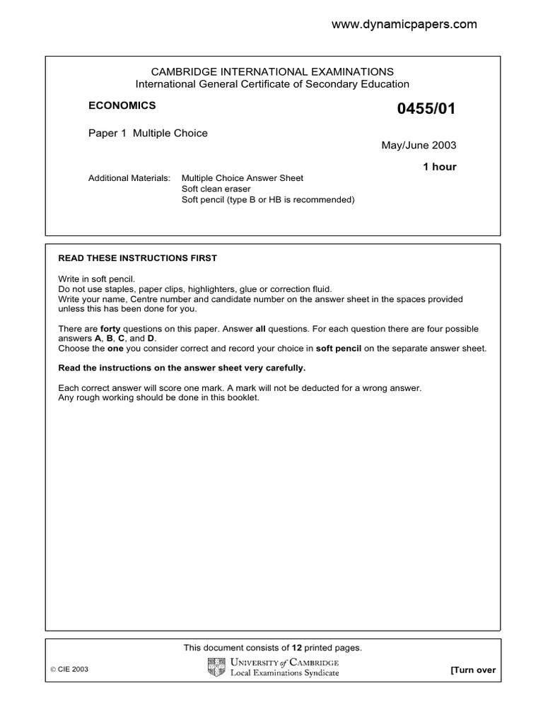 IGCSE Economics Paper 1 MCQ 2003 | PDF | Taxes | Inflation