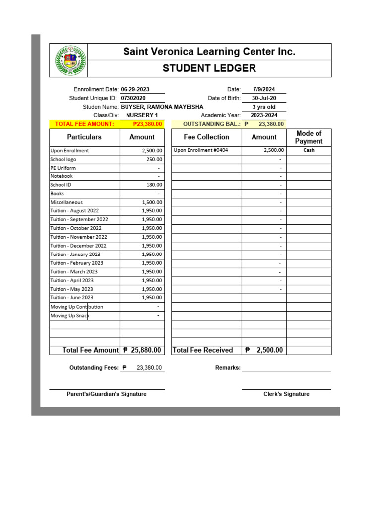 Student Ledger for Nursery 1 Fees | PDF | Tuition Payments | Education ...