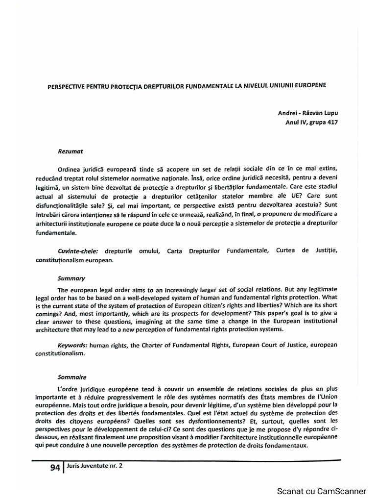 Lupu, Perspective Pentru Protecția Drepturilor Fundamentale La Nivelul ...