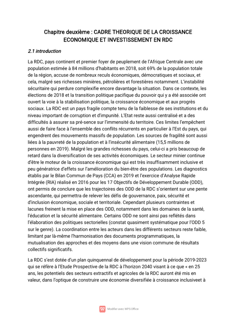 Cadre théorique de la croissance en RDC | PDF | Développement durable ...